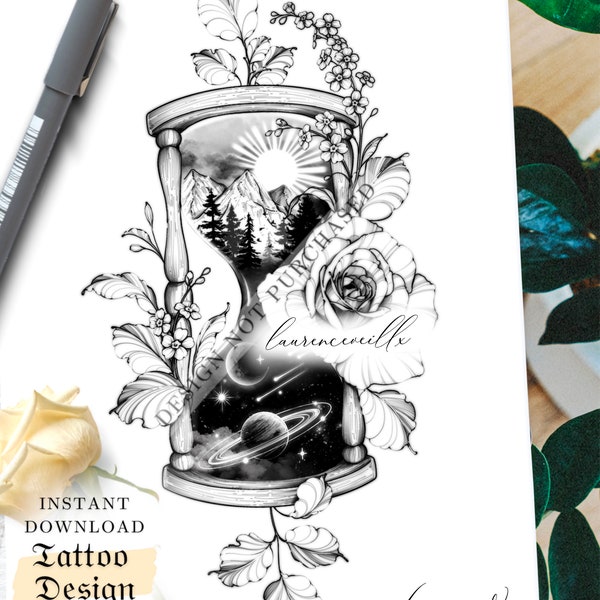 Tattoo Design for Women | Tattoo Drawing Stencil Outline | Ready to Download | Galaxy Hourglass Rose Sun Moon Flower Mountain Tattoo Ideas