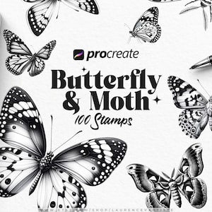 May include: Digital art stamps featuring detailed butterfly and moth illustrations in black and white. The image includes a tablet with butterfly sketches, a stylus, and the text "Procreate Butterfly & Moth 100 Stamps."