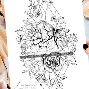 Diseño de tatuaje geométrico de peonía para mujer | Sellos para tatuajes de ramo floral de mariposa | Plantillas de tatuaje | Diseño de tatuaje