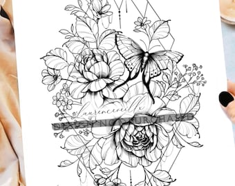 May include: Black and white line art print of a butterfly and flowers in a geometric diamond shape. The artwork includes the text "laurenceveillx ARTISTE".