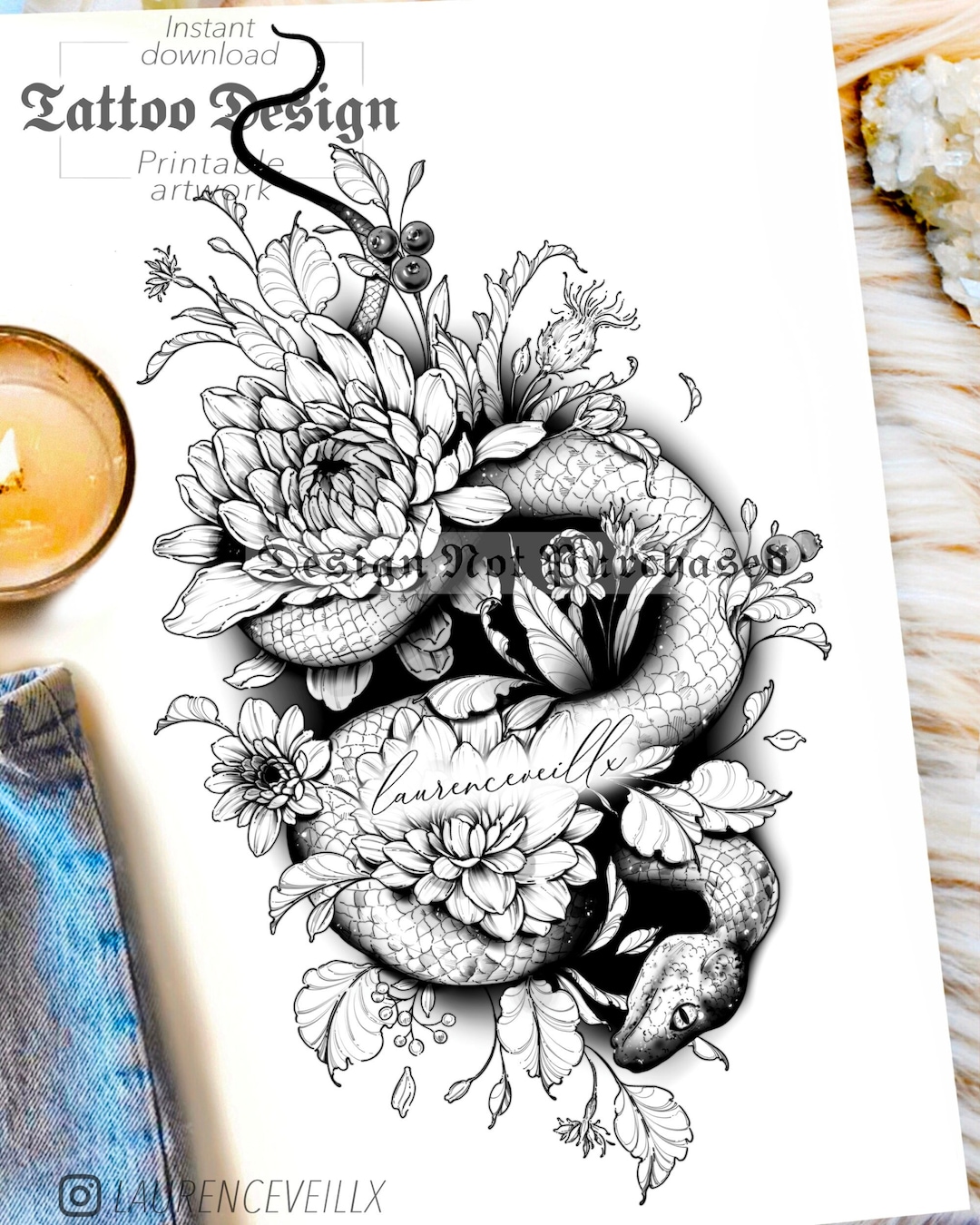 Instant Download Tattoo Design Snake Chrysanthemum and Leaves Printable