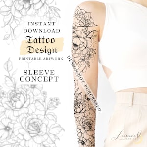 May include: Black and white line art tattoo design of a floral sleeve concept. The design features a variety of flowers, including roses, peonies, and other delicate blooms. The design is intricate and detailed, and would make a beautiful tattoo.