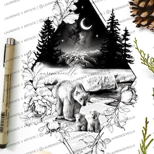 Design de tatuagem para mulheres | Esboço de estêncil de desenho de tatuagem | Pronto para baixar | Idéias para tatuagem de montanha de flores geométricas na floresta do urso polar