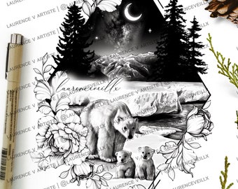 May include: Black and white line art illustration of a polar bear with two cubs standing on a frozen lake. The illustration is surrounded by floral elements and a crescent moon in the background. The text "Laurenceveillx" is written in cursive at the top of the image.