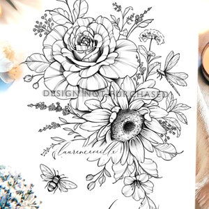 Tattoo Design | Instant Download | Sunflower Rose and Wildflowers | Tattoo Stencil