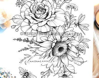 Tattoo Design | Instant Download | Sunflower Rose and Wildflowers | Tattoo Stencil