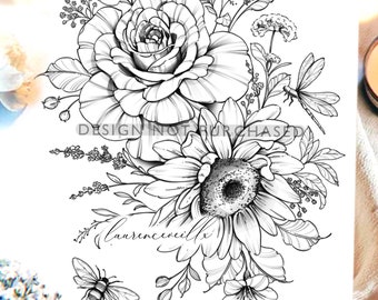 Design de tatouage | Téléchargement instantané | Tournesol Rose et Fleurs Sauvages | Tattoo Stencil