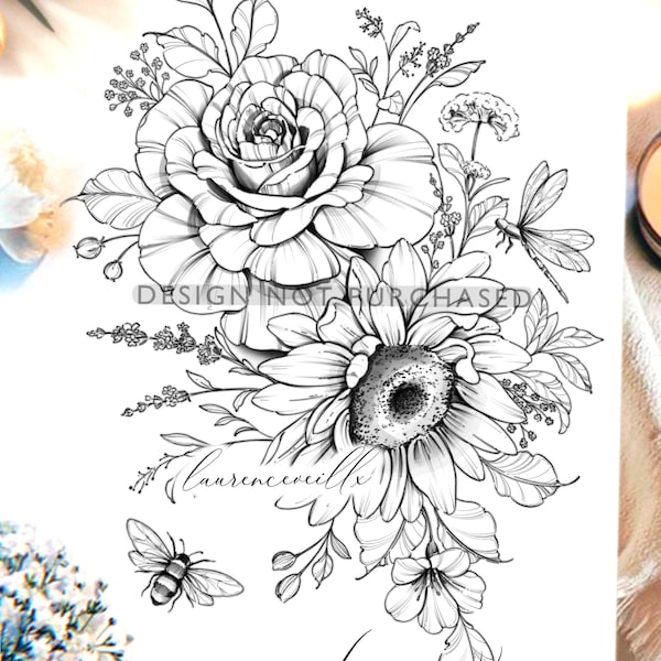 Tattoo Design | Instant Download | Sunflower Rose and Wildflowers | Tattoo Stencil