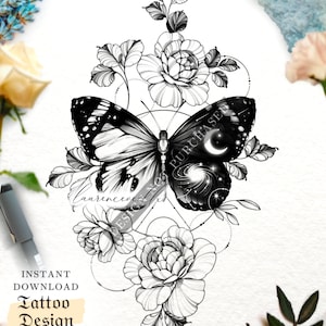 Diseño de tatuaje de mariposa para mujer | Sellos de dibujo de tatuaje floral con flores geométricas galácticas | Plantilla de tatuaje con contorno | Diseño de tatuaje femenino