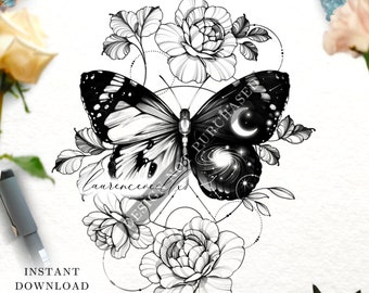 May include: Black and white tattoo design featuring a butterfly with a galaxy inside its wings, surrounded by flowers.