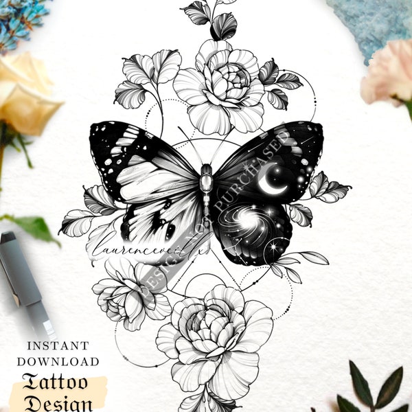 Tattoo Design für Frauen | Tattoo Zeichnung Schablone Outline | Fertig zum Download | Galaxie Schmetterling Pfingstrose Geometrisch Celestial Tattoo Ideen