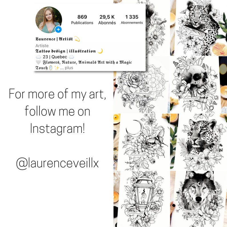 Pu&ograve; includere: Un collage di disegni di tatuaggi in bianco e nero con un teschio, un lupo, un leopardo, una lanterna e fiori. Il testo "For more of my art, follow me on Instagram! @laurenceveillx" &egrave; in fondo all'immagine.