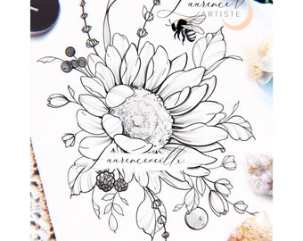 Tattoo Design | Instant Download | Sunflower Bee and Berries | Tattoo Stencil