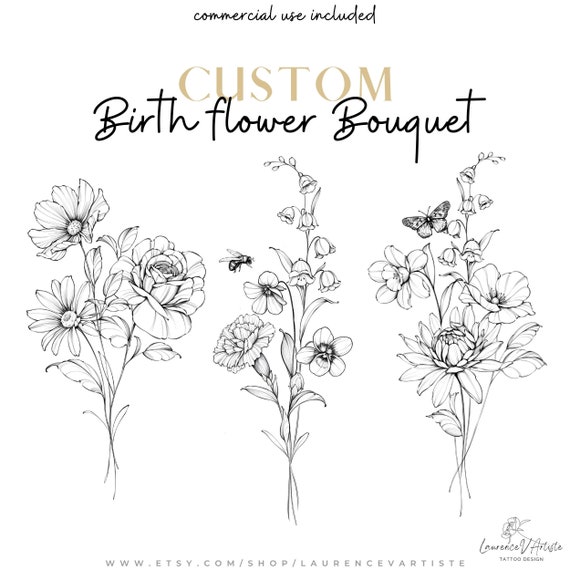 Custom Birth Month Flower Bouquet | Line Art Tattoo | Personalized Family Kids Grandma Birth Flowers | Gift for Mom Dad | DIGITAL DESIGN