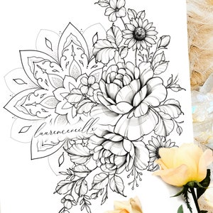 Printable Tattoo Design | Peonies Daisies and Mandala | Digital Tattoo Design | Tattoo Design for Women