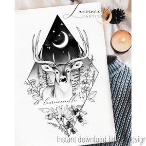 Tattoo Design | Instant Download | Deer, Starry Sky and Wildflowers | Tattoo Stencil