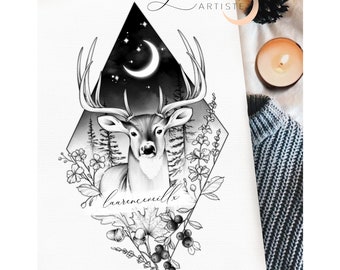 Diseño de tatuajes| Descarga instantánea| Ciervos, cielos estrellados y flores silvestres| Plantilla de tatuajes