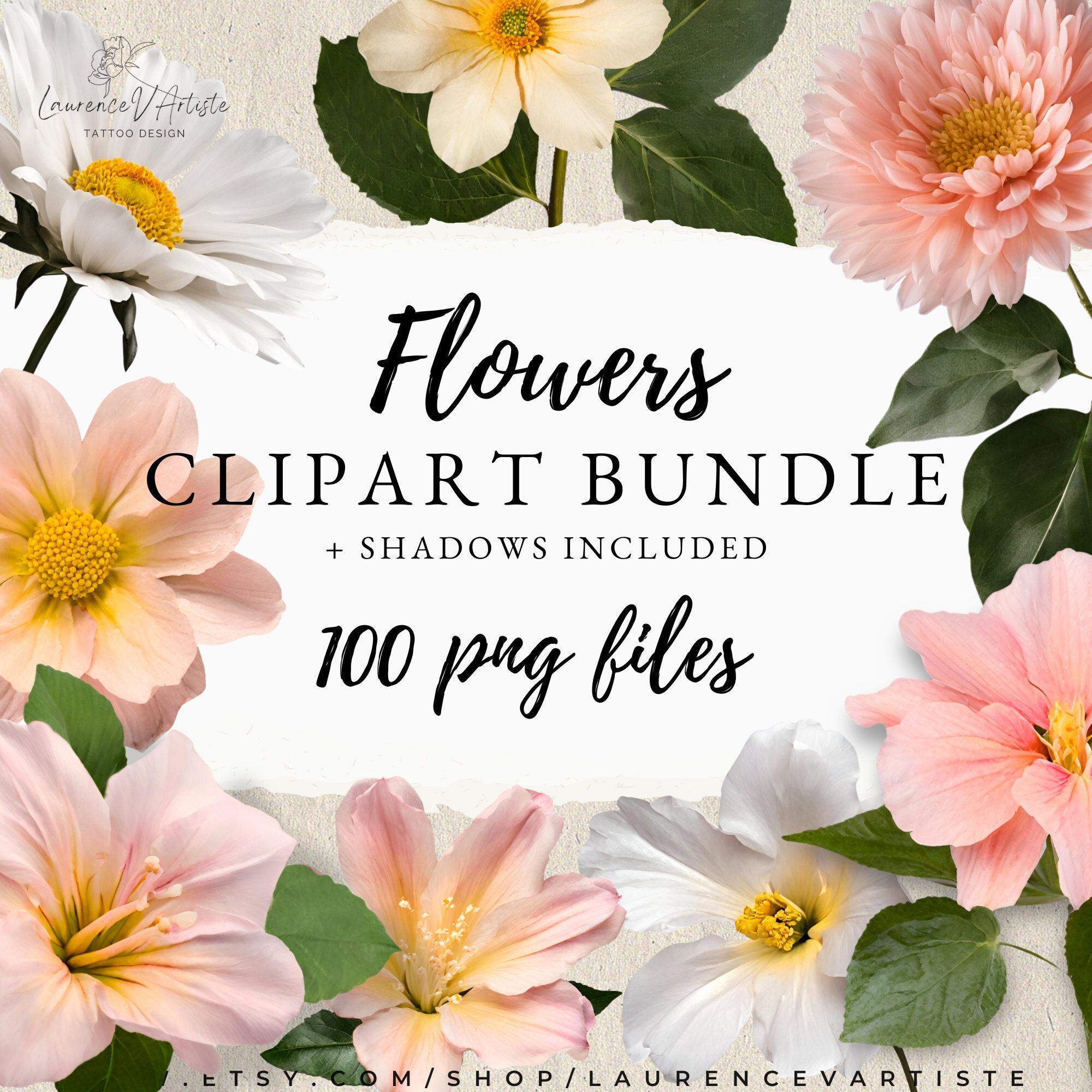 Floral Clipart | 100 Flowers Png bundle Realistic Wedding Spring Summer Wildflower Clipart Pattern Mockup Stock images Free Commercial Use