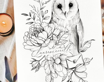May include: Black and white line drawing of a barn owl perched amongst flowers and foliage. The owl is looking directly at the viewer. A small envelope with a wax seal is tucked into the flowers. The text "laurencevillx" is written in cursive at the bottom of the image.