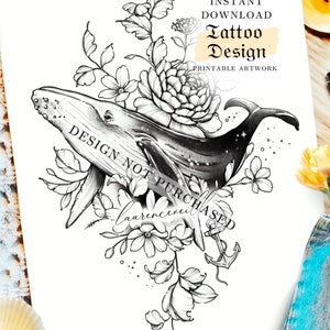 Design de tatuagem de baleia | Estêncil de tatuagem para impressão digital instantâneo | tatuagem floral da âncora animal do oceano da baleia | Arte em linhas finas de flores silvestres