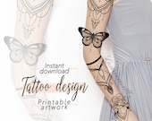 Sleeve Tattoo Design for Women | Flower Ornemental Butterfly Floral Bouquet Tattoo Ideas Drawing Stamps | Tattoo Stencil Flash Outline
