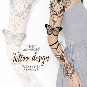 Sleeve Tattoo Design for Women | Flower Ornamental Butterfly Floral Bouquet Tattoo Ideas Drawing Stamps | Tattoo Stencil Flash Outline image 1