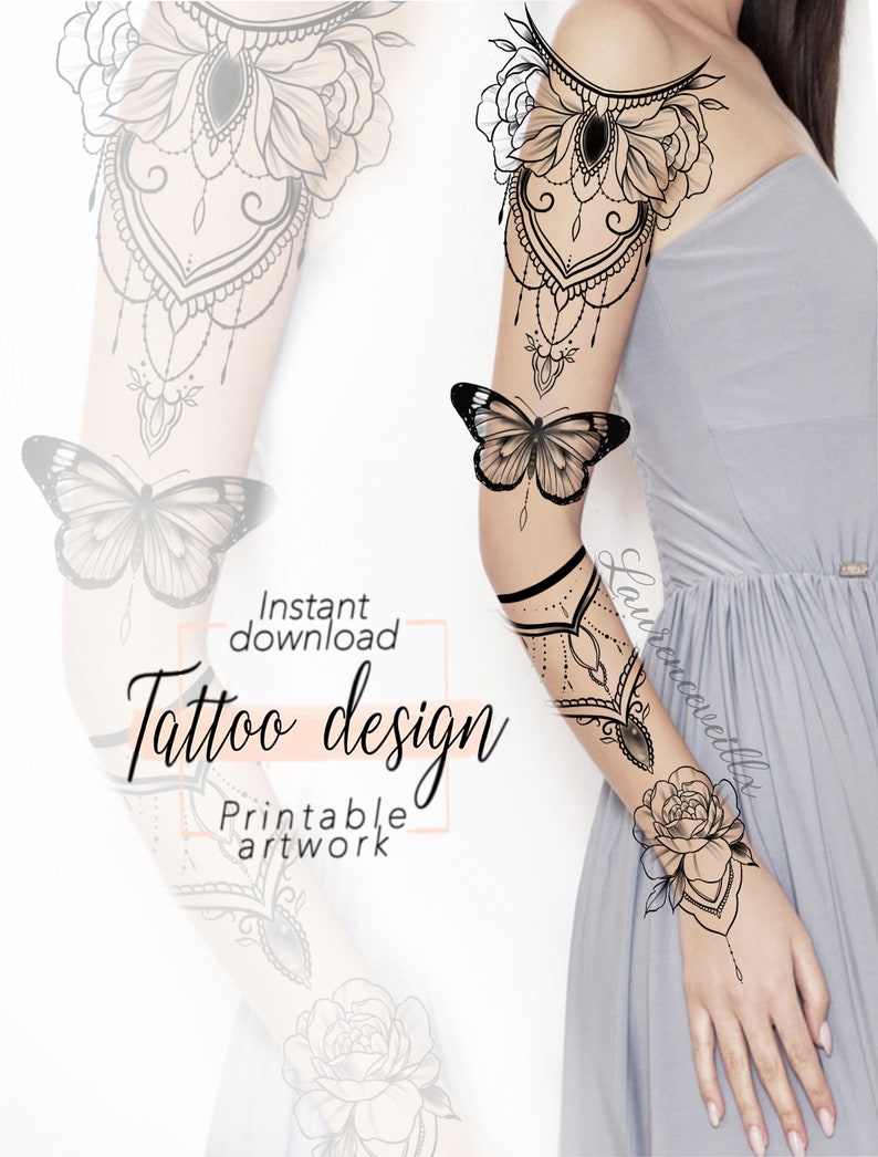 Sleeve Tattoo Design for Women | Flower Ornamental Butterfly Floral Bouquet Tattoo Ideas Drawing Stamps | Tattoo Stencil Flash Outline image 1