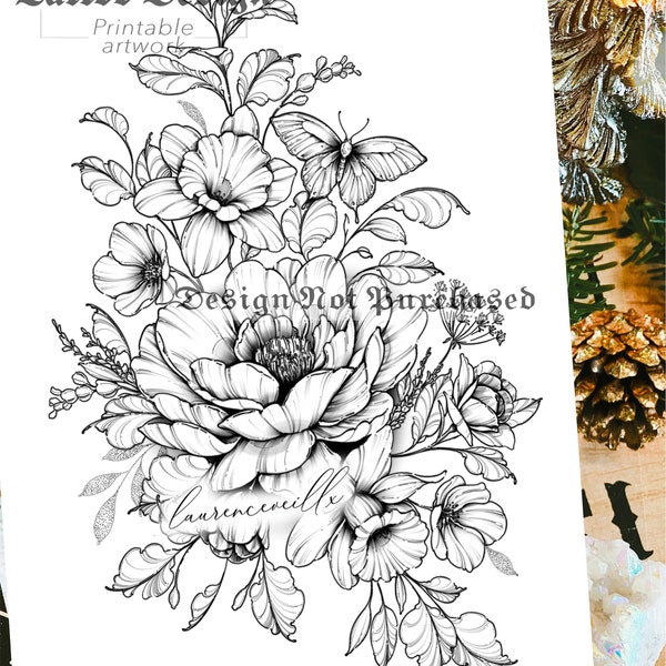 Instant download Tattoo Design | Peony Daffodils and Butterfly | Printable Stencil Template