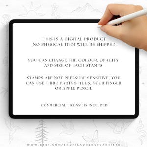 May include: A black tablet shows text detailing a digital product, including customisable stamps and a commercial licence. A hand with a white stylus is in the frame. The text states no physical item will be shipped. The Etsy shop URL is visible.