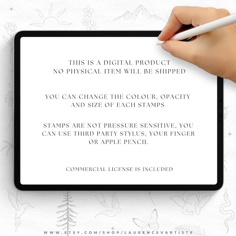 May include: A black tablet shows text detailing a digital product, including customisable stamps and a commercial licence. A hand with a white stylus is in the frame. The text states no physical item will be shipped. The Etsy shop URL is visible.