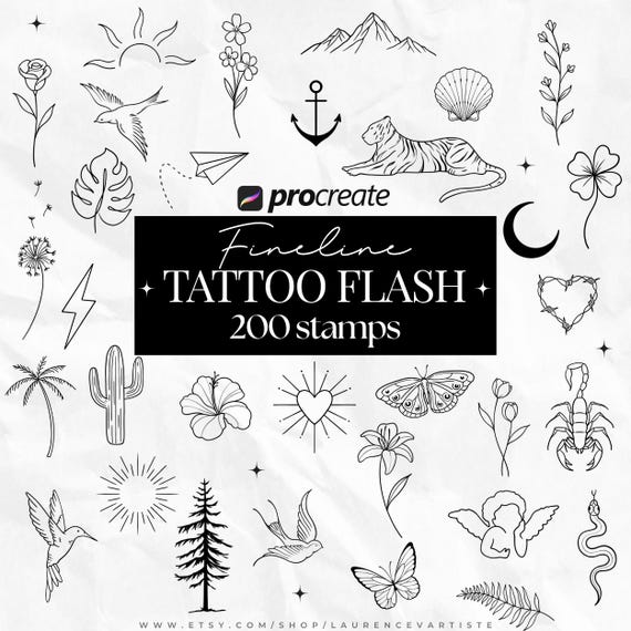 200 Procreate Flash Tattoo Stamps | Procreate Tattoo Brushes Set | Fineline Minimalist Tattoo Art Stencil Flash Sheet | Digital Download