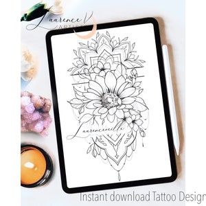 Tattoo Design | Instant Download | Sunflower and Mandala | Tattoo Stencil