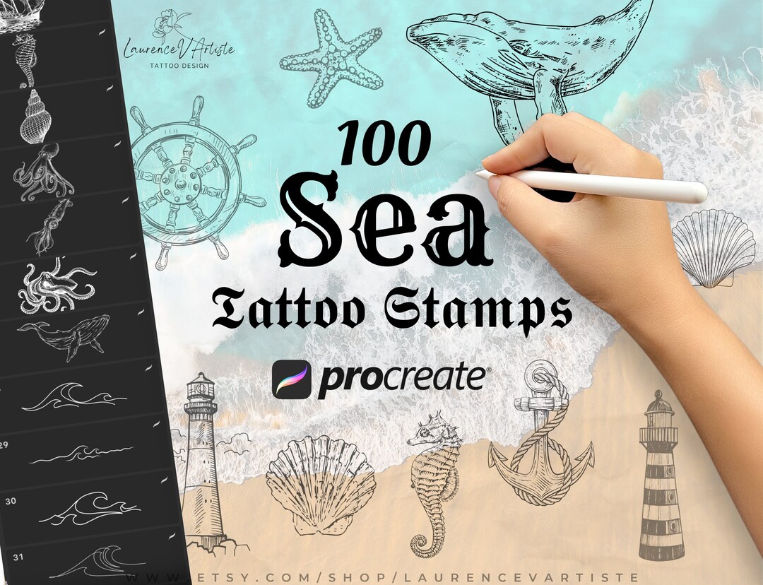 100 Procreate Stamps Tattoo Brushes Sea Ocean Animal Shell Fish Wave ...