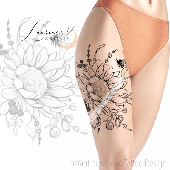 sunflower thigh tattoo designs