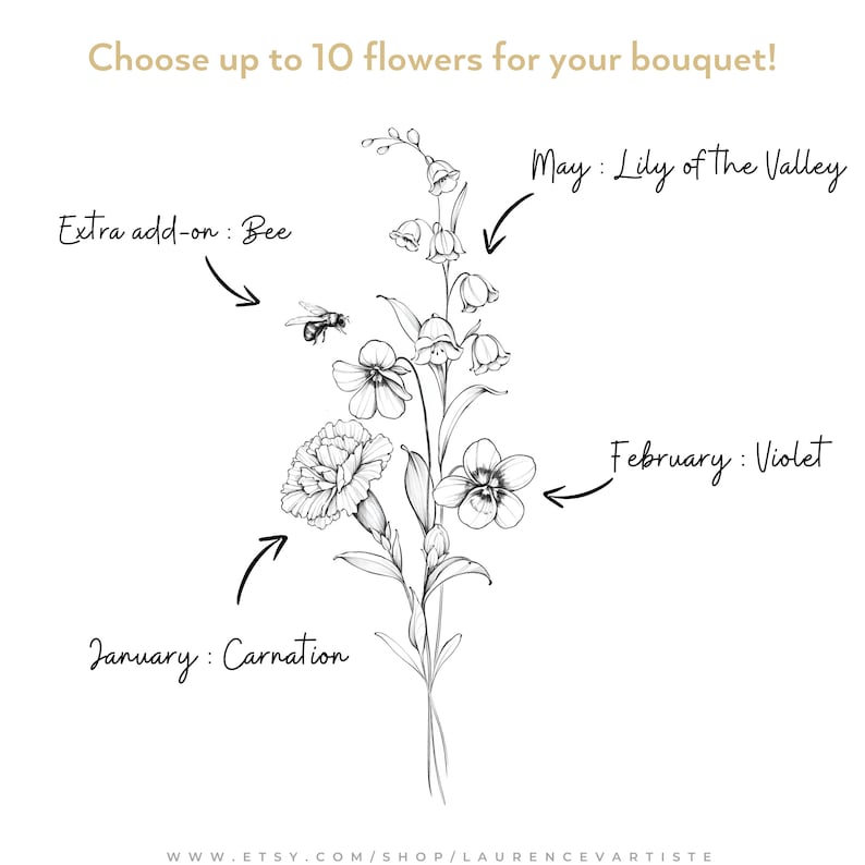 custom birth month flower bouquet tattoo commission personalized gift family kid grandma birth month flower gift for mom dad fathers day line art tattoo design floral clipart commercial use january february march april may june july august september