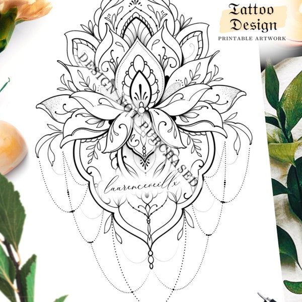 Tattoo Design Ideas for Women | Drawing Stencil Outline Download | Mandala Lotus Ornemental Feminine Design | Half Sleeve Thigh Hip Forearm