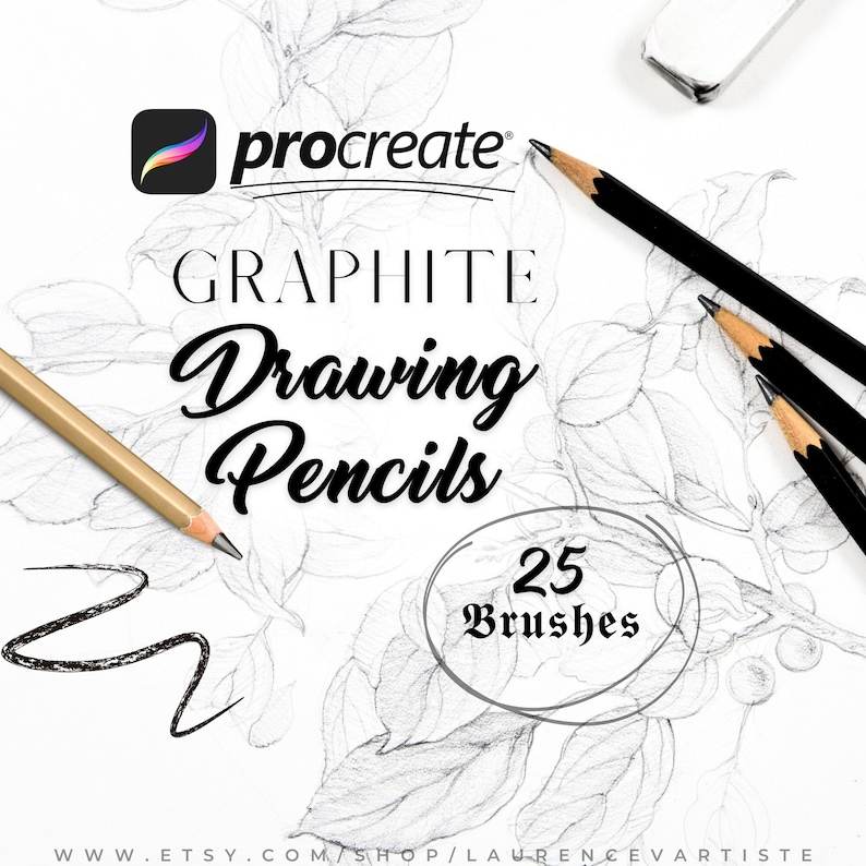 Puede incluir: Conjunto de pinceles Procreate Graphite Drawing Pencils para arte digital. Este conjunto incluye 25 pinceles. La imagen muestra un primer plano de un dibujo digital de hojas y ramas con l&aacute;pices sobre el papel.