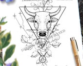 Taurus Tattoo Design Ideas for Women | Zodiac Sign Astro Flowers Constellation Meaningful Tattoo Drawing | Printable tattoo stencil outline