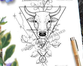 Taurus Tattoo Design Ideas for Women | Zodiac Sign Astro Flowers Constellation Meaningful Tattoo Drawing | Printable tattoo stencil outline