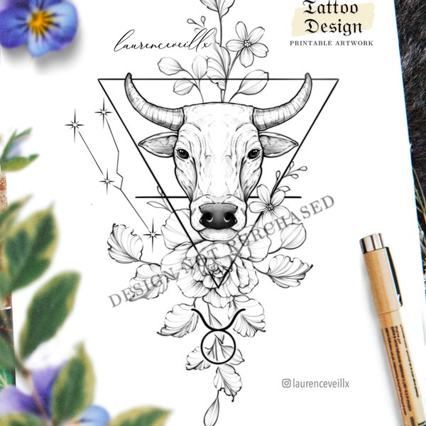 Taurus Tattoo Design Ideas for Women | Zodiac Sign Astro Flowers Constellation Meaningful Tattoo Drawing | Printable tattoo stencil outline