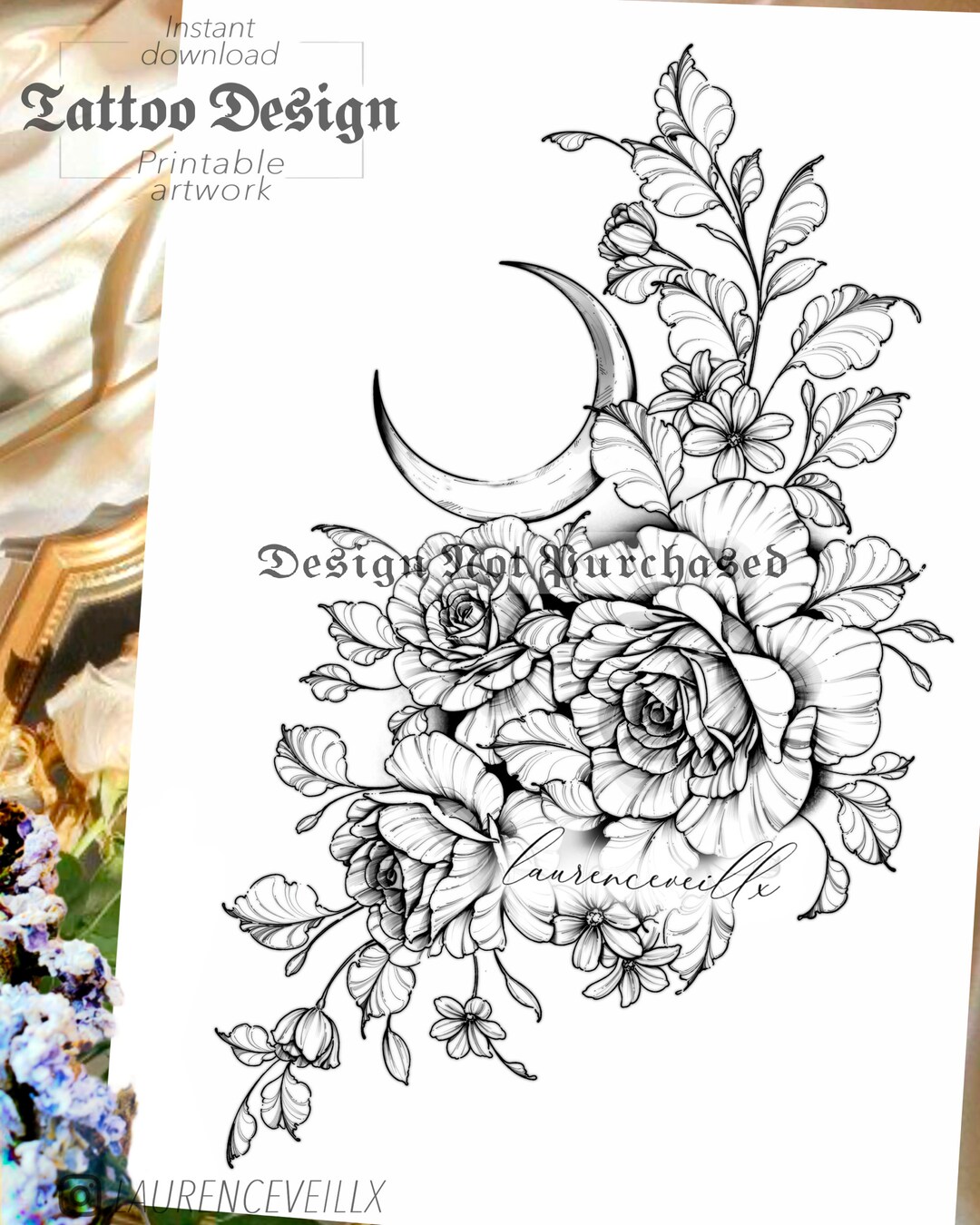 Tattoo Design Instant Download Roses Moon and Leaves Tattoo Stencil - Etsy