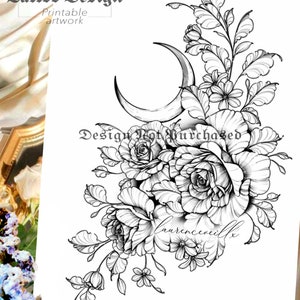 Tattoo Design | Instant Download | Roses Moon and Leaves | Tattoo Stencil