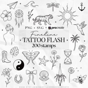 May include: A collection of black and white fineline tattoo flash designs including a tiger, sun, butterfly, flowers, and various symbols. The text reads PNG, SVG, Procreate, Fineline TATTOO FLASH, 200 stamps, and a website URL at the bottom.