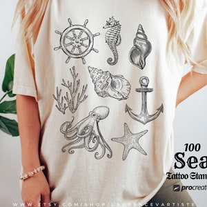 100 Procreate Stamps Tattoo Brushes Sea Ocean Animal Shell Fish Wave ...