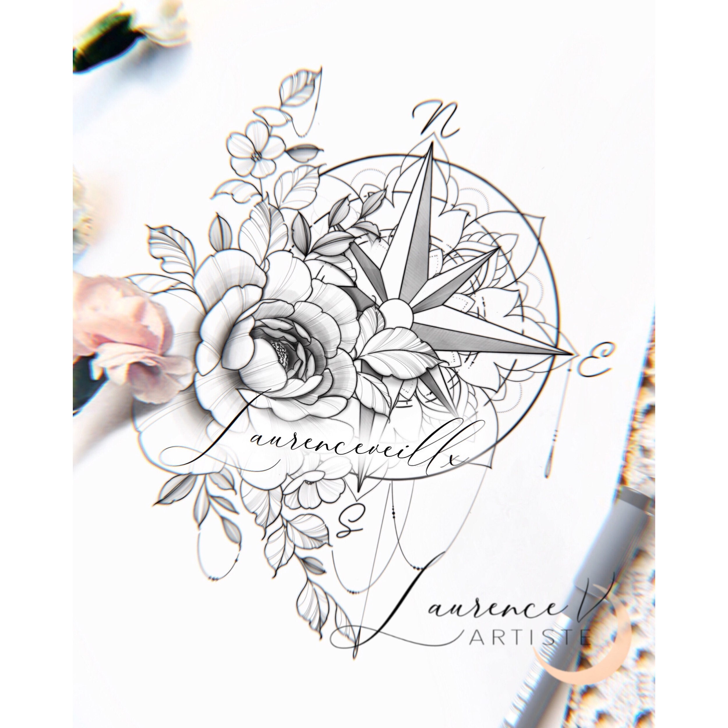 instant download tattoo design compass mandala and flowers etsy australia