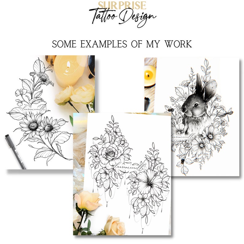 Puede incluir: Tres dise&ntilde;os de tatuaje en blanco y negro. El primer dise&ntilde;o es un arreglo floral con girasoles. El segundo dise&ntilde;o es un arreglo floral con rosas. El tercer dise&ntilde;o es un conejo rodeado de flores.
