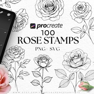 Paquete de 100 pinceles de rosas PNG SVG para Procreate | Sellos para Procreate | Flores de boda SVG | Flores de nacimiento SVG | Tatuaje de rosa | Archivos de corte Cricut