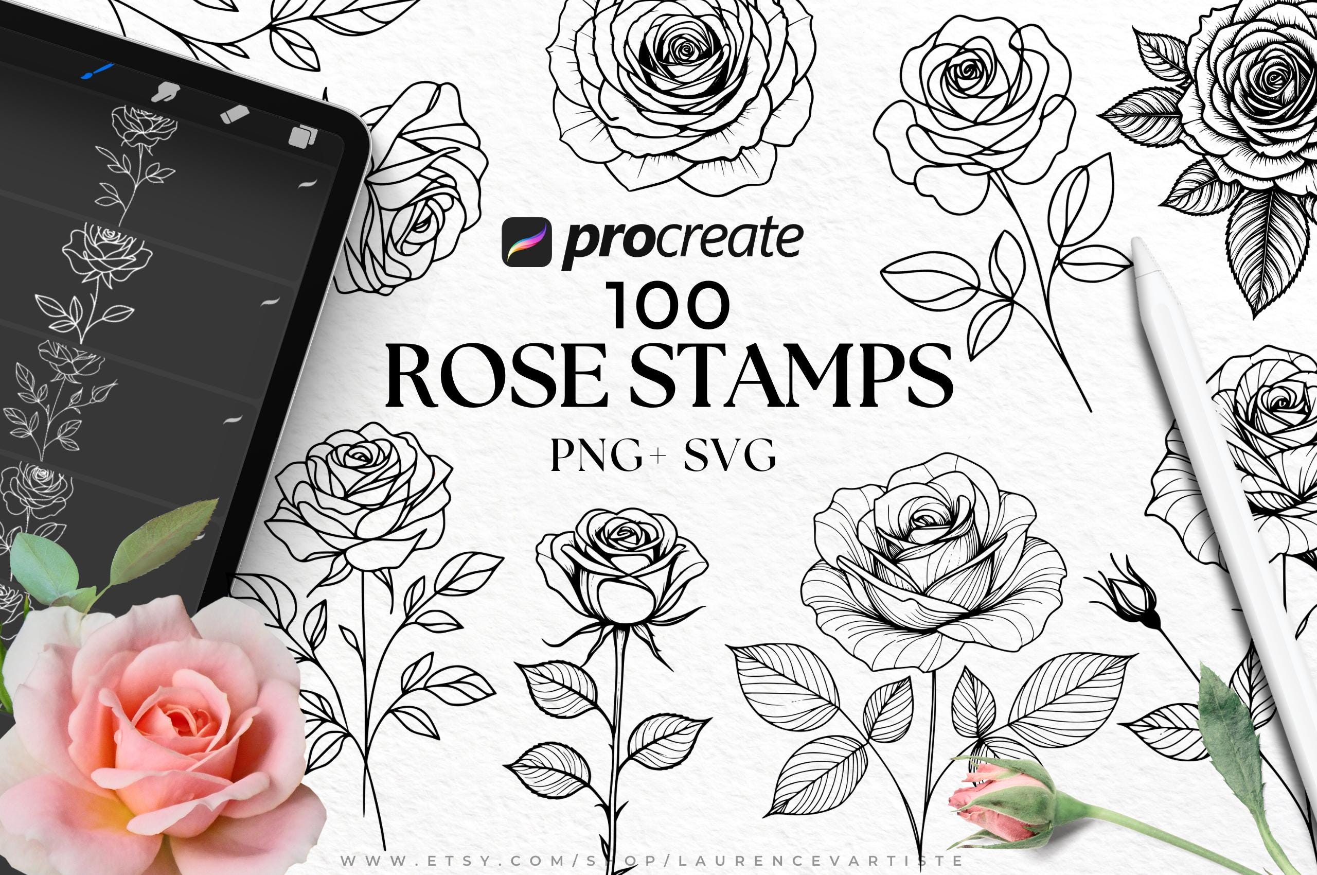 100 Rose Png Svg Procreate Brushes Bundle | Procreate Stamps | Wedding ...
