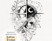 Tattoo Design for Women | Tattoo Drawing Stencil Outline | Ready to Download | Compass Celestial Moon Sun Peony Poppy Tattoo Ideas