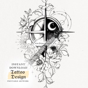 Tattoo Design voor vrouwen | Tattoo Tekening Stencil Outline | Klaar om | te downloaden Kompas Hemelse Maan Zon Pioenroos Poppy Tattoo Ideeën